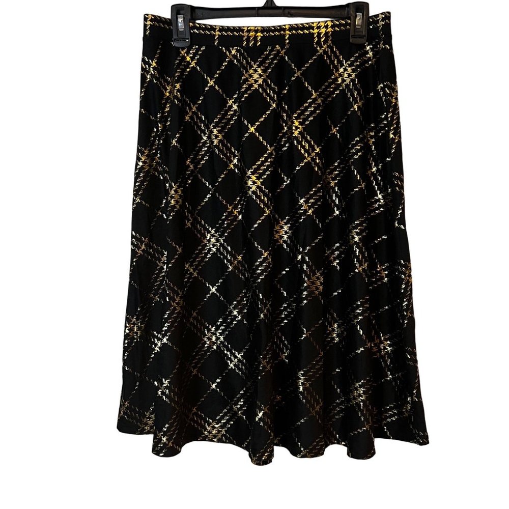Laura Scott Skirt Black Gold Metallic Checkered A Line Pleated Pull On Womens